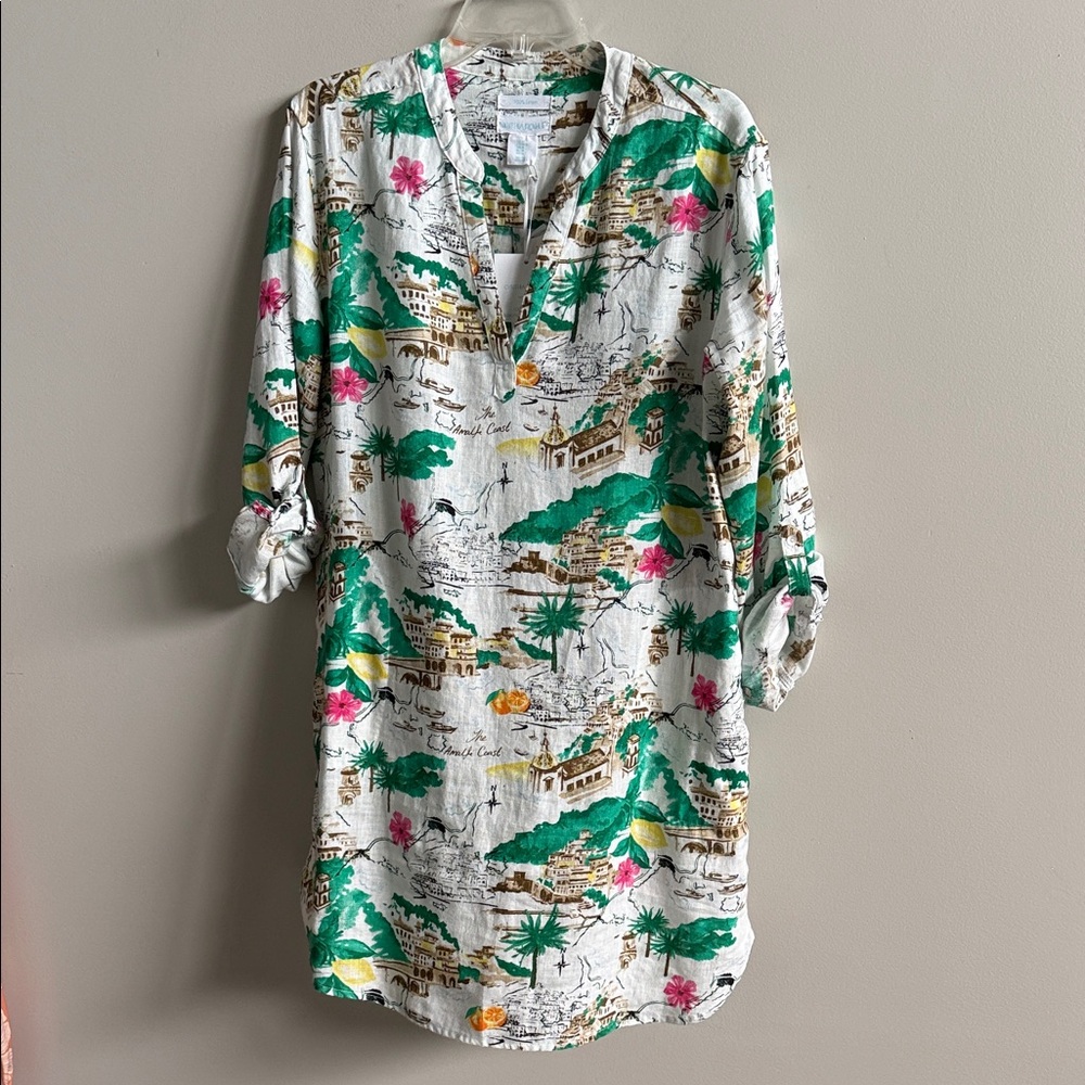NWT Cynthia Rowley White Mini Dress with Green and Pink Tropical Print